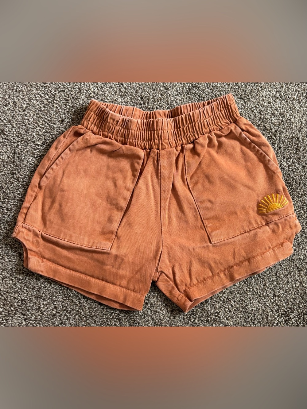 Kids Elastic-Waist Rust Orange Shorts with Sun Embroidery